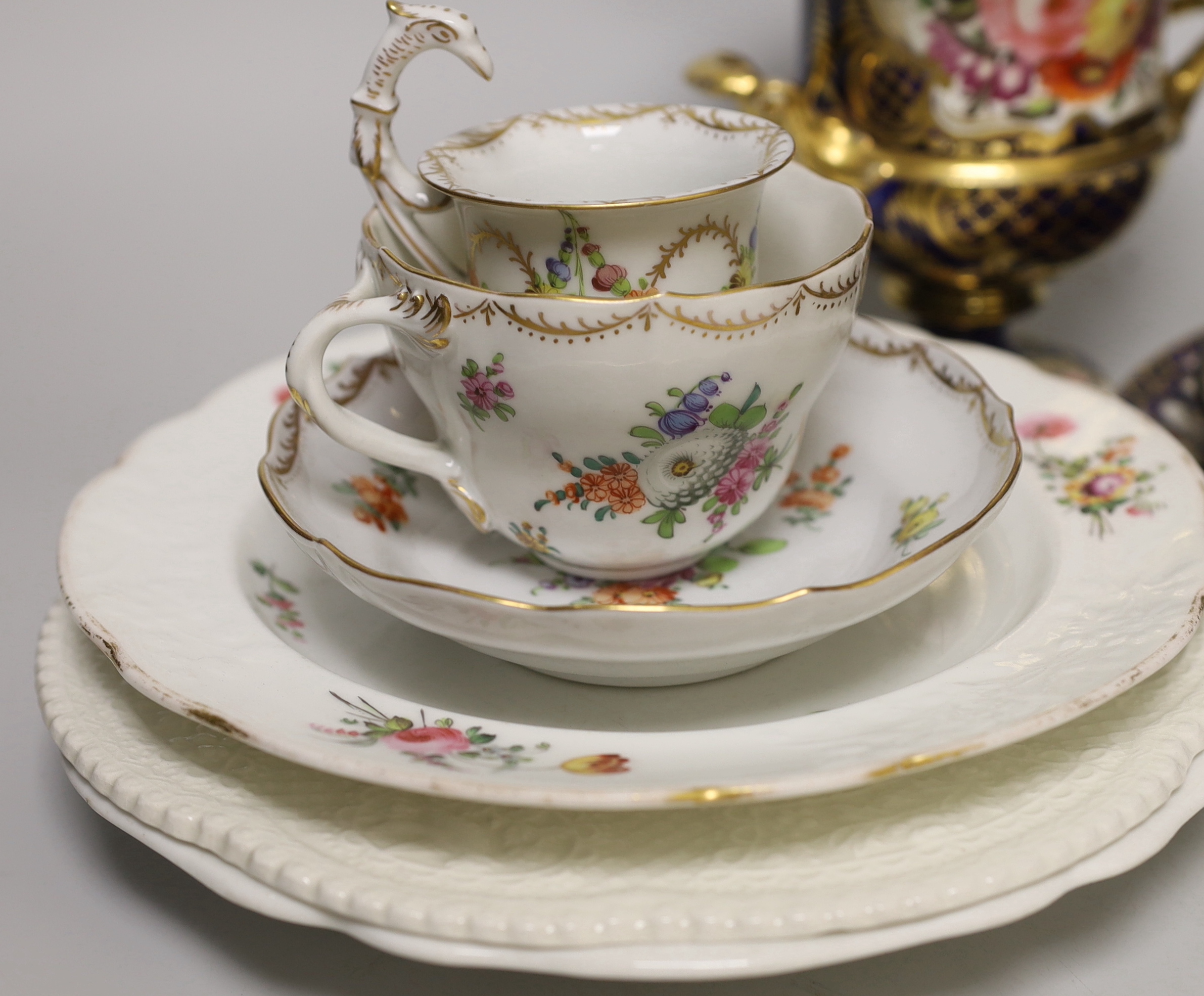 19th century and later Continental china including a Dresden cup and saucer and chocolate cup, a Crown Derby plate etc, tallest 17cm high